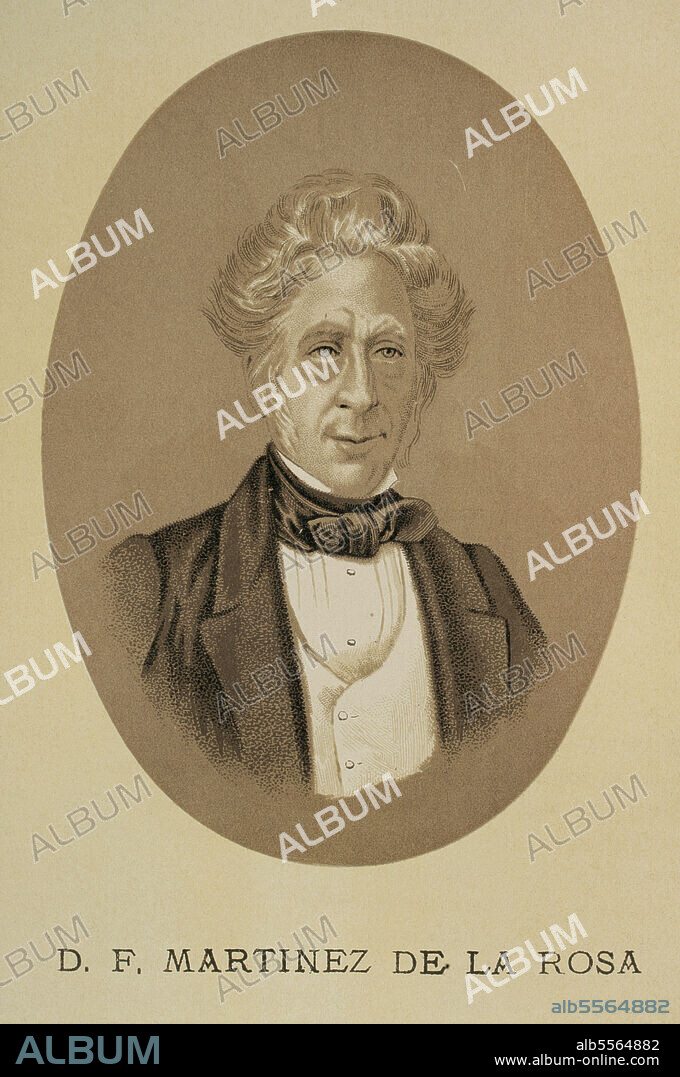 Francisco Martínez de la Rosa (1787-1862). Poeta, dramaturgo, político y diplomático español. Fue el primer presidente del Consejo de Ministros de España. Retrato. Historia de la Revolución Española (desde la Guerra de la Independencia a la Restauración en Sagunto), por Vicente Blasco Ibáñez. Tomo II. Publicado en Barcelona, 1891.