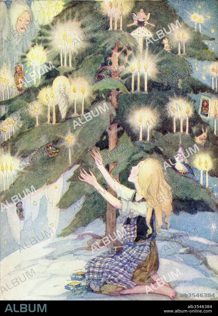 The Little Match Girl, illustration from The Golden Wonder Book published 1934. The poor little girl was sitting under the most beautiful Christmas tree she had ever seen.