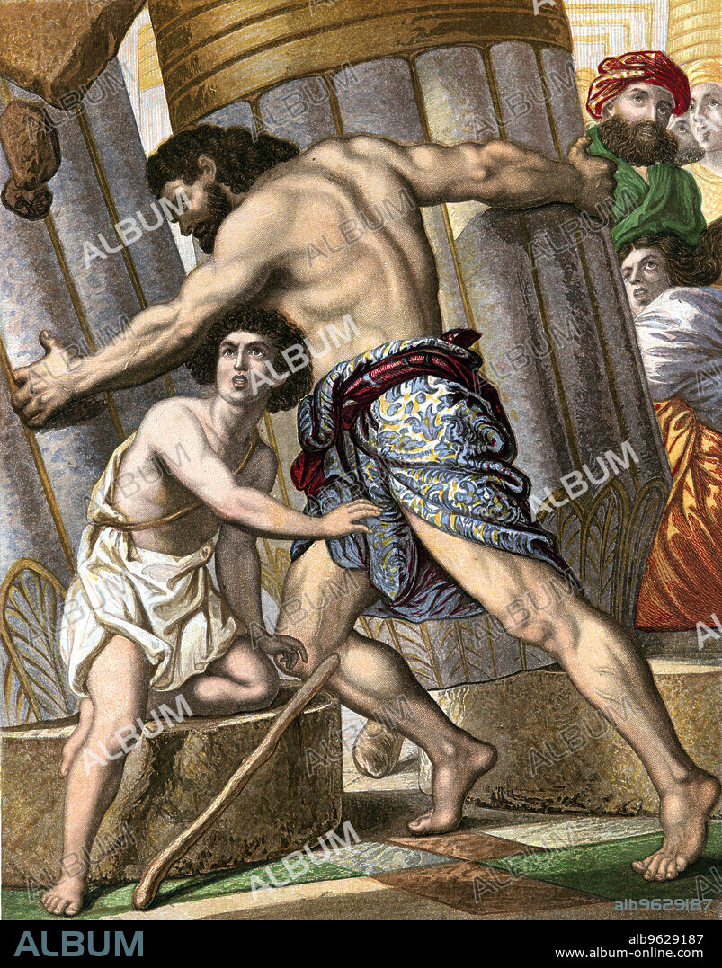 Samson pulling down the Temple of Dagon, god of the Philistines, mid 19th century. The Israelite hero Samson, having been betrayed by Delilah and taken prisoner and blinded by the Philistines, regains his strength and brings the Temple of Dagon crashing down. From the Bible (Judges XVI).
