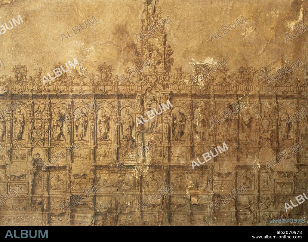 ALBERTO DE CHURRIGUERA. Joaquín o Alberto CHURRIGUERA (siglos XVII-XVIII) Arquitectos españoles. Dibujo sobre papel de SILLERIA CORAL (siglo XVIII). Tamaño: 600 x 800 mm. Cabildo Catedralicio de Salamanca. Castilla-León. España.