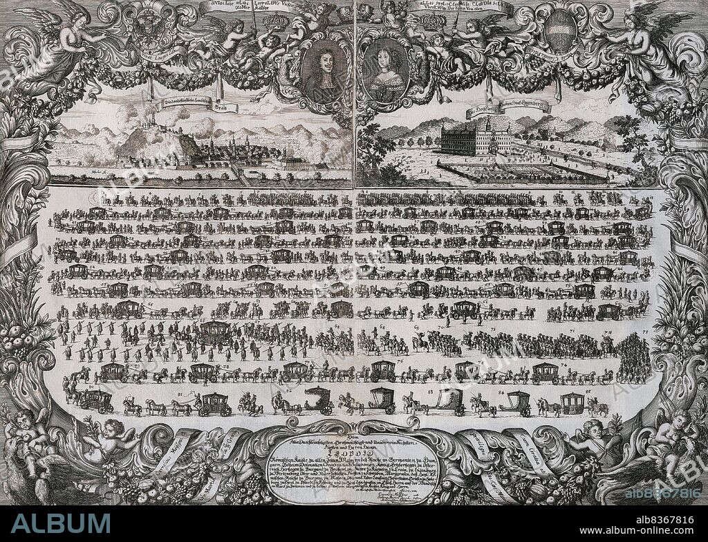 Germany: 'Emperor Leopold's Wedding with Claudia Felicitas of Austria, Graz, 15 October 1673', copper engraving by Cornelis Meyssens and Johann Martin Lerch (1643-1693), c. 1673. Leopold I (1640-1705) was the second son of Emperor Ferdinand III, and became heir apparent after the death of his older brother, Ferdinand IV. He was elected Holy Roman Emperor in 1658 after his father's death, and by then had also already become Archduke of Austria and claimed the crowns of Germany, Croatia, Bohemia and Hungary.