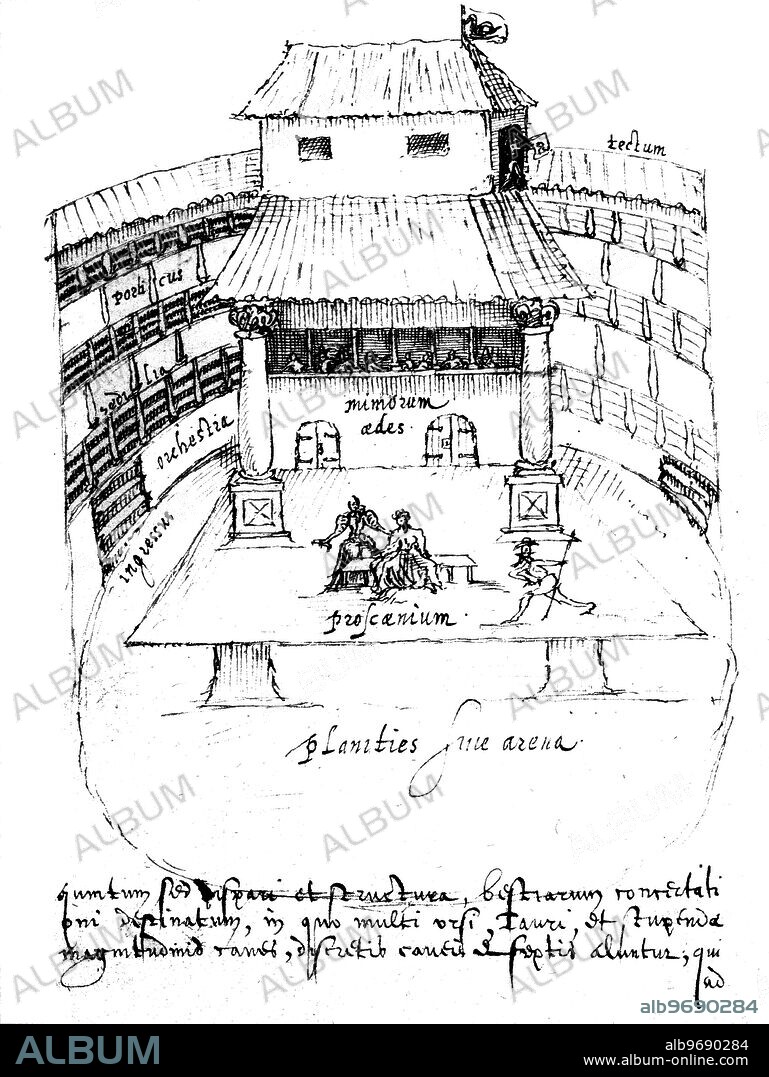 The Swan Theatre 1596 sketch by Johannes de Witt the Bankside theatre only contemporary drawing of an Elizabethan playhouse interior, Southwark, London, England.