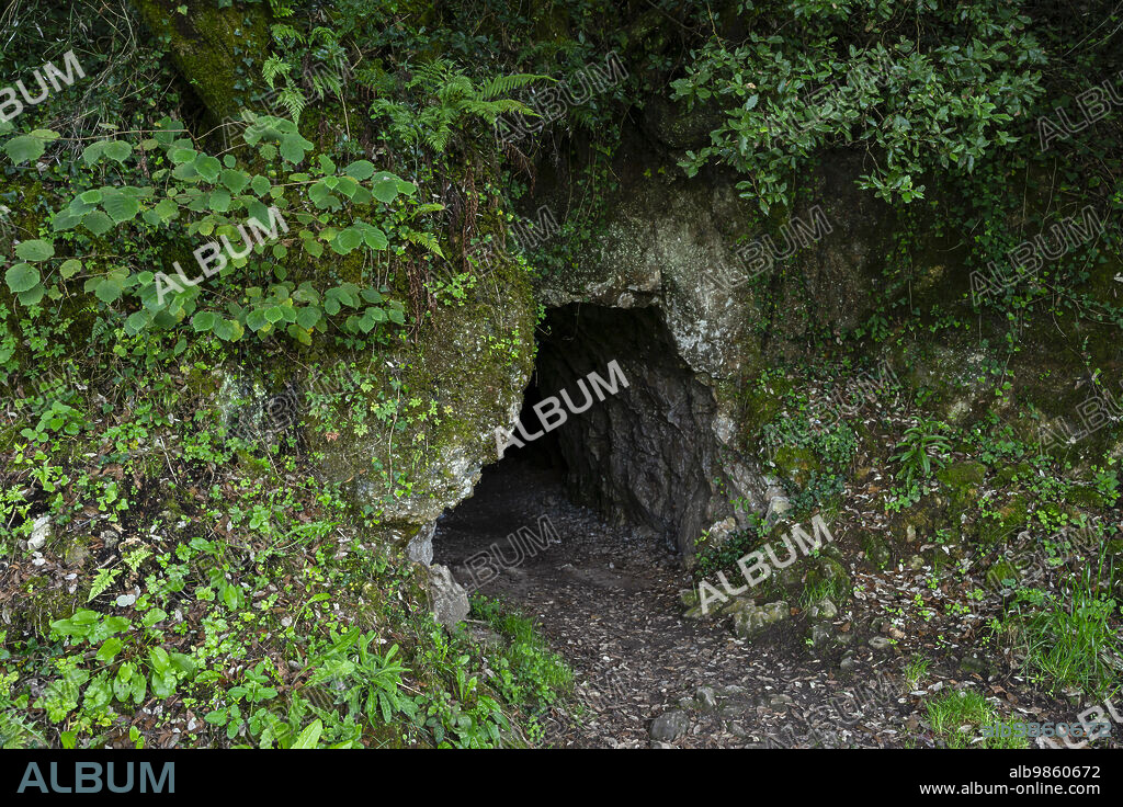 mouth of an old mine, Costante mine, Paleolithic Park of the Cueva del Valle, Rasines, Cantabria, Spain.