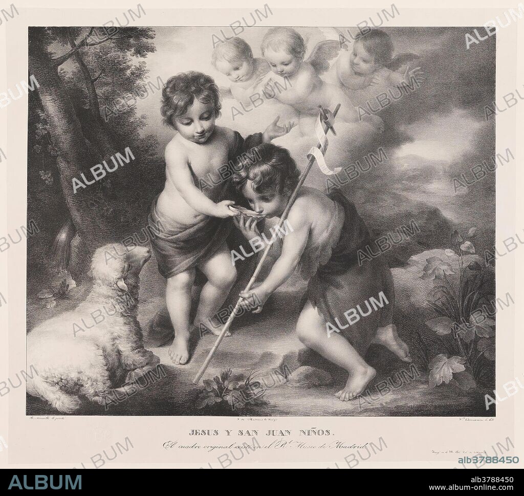 JOSE DE MADRAZO Y AGUDO and VICENTE CAMARÓN Y TORRA. Vicente Camarón y Torra (Lithographer) (After Murillo, Bartolomé Esteban); José de Madrazo y Agudo (Director); Real Establecimiento Litográfico de Madrid (Printer) / 'The Infant Christ and Saint John the Baptist with a Shell'. 1829 - 1932. Lithographic aquatint, Crayon lithography, Printing on japon, Scraper on wove paper.