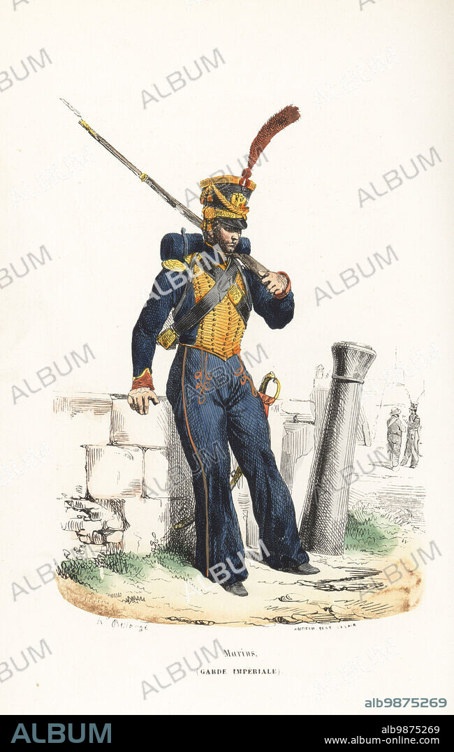 Uniform of the Marines of the French Imperial Guard. Hussar-like uniform of plumed shako, coat with aurore gold frogging and epaulettes, trousers with piping, armed with sabre and musket. Marins, Garde Imperiale. Handcoloured woodcut by Andrew Best Leloir after an illustration by Hippolyte Bellangé from P.M. Laurent de lArdeches Histoire de Napoleon, Paris, 1840.