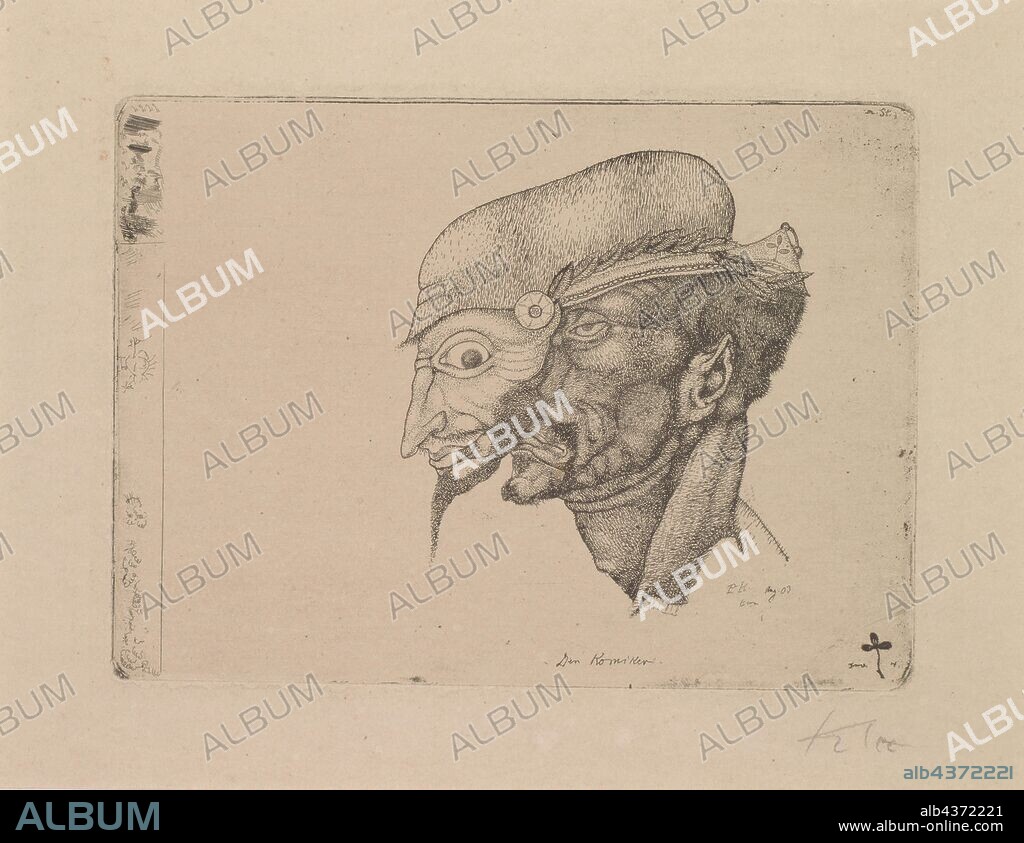 The Comedian, 1903, 3, etching on zinc, proof, sheet: 24 x 32.3 cm |, Plate: 11.8 x 16.1 cm, Monogrammed in plate r.u .: PK, designates r.o .: m.St ., dated r.u .: Aug 03 Bern, inscribed middle below: The comedian, inscribed in pencil l.u .: first version of the comedian, signed r.u .: Klee, Paul Klee, Münchenbuchsee/Bern 1879–1940 Muralto b. Locarno/Tessin.