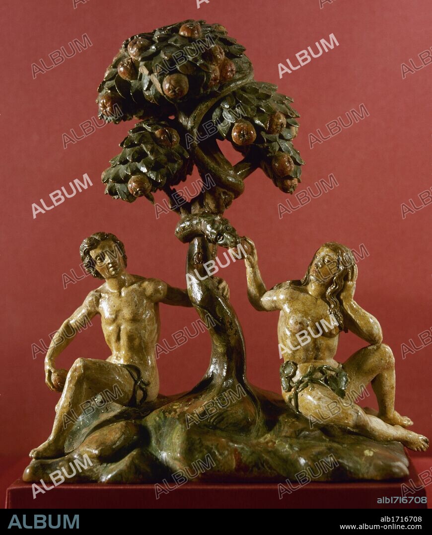 ADAN Y EVA, EL PECADO ORIGINAL. Madera policromada obra de Melchor Díaz. Se halla en la Colegiata de Santa María la Mayor. Toro. Provincia de Zamora. Castilla-León. España.