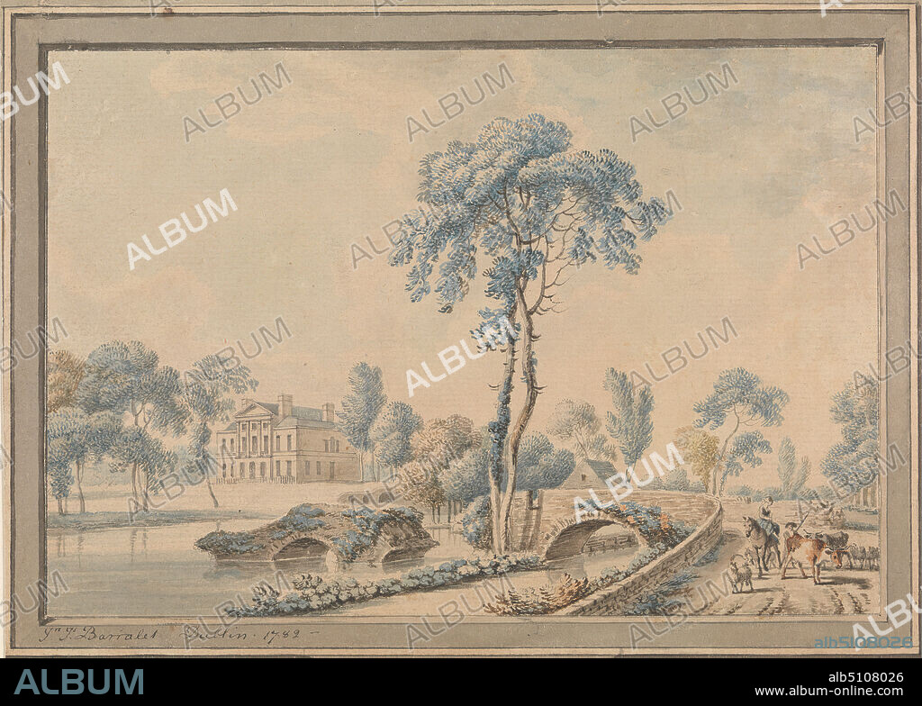 View of Lucan House, John James Barralet, 17471815, British, 1782, Watercolor, pen and black ink and pen and brown ink on medium, slighlty textured, cream laid paper mounted to medium, slightly textured, cream laid paper, Sheet: 4 7/8 × 7 1/4 inches (12.4 × 18.4 cm) and Mount: 6 × 8 inches (15.2 × 20.3 cm), bridge (built work), cows, genre subject, horses (animals), landscape, men, trees, women, Dublin, Europe, Ireland, Leinster, Lucan.