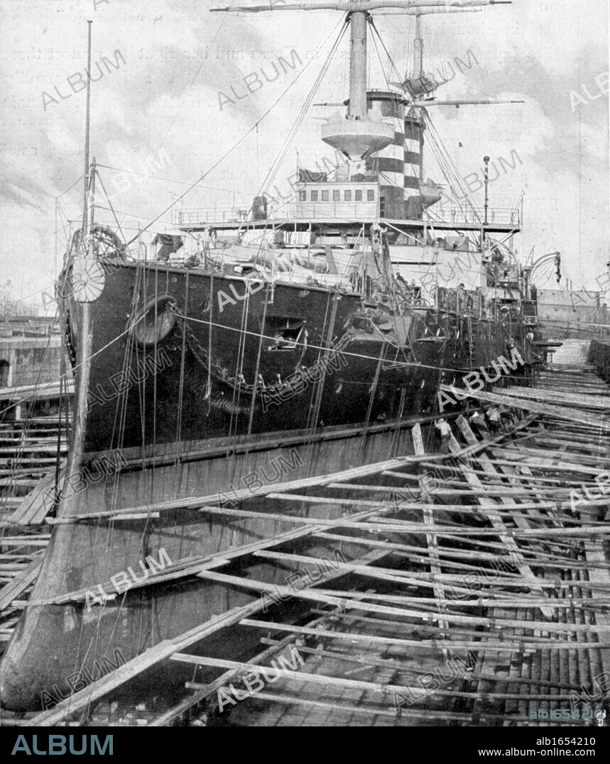 Russo-Japanese War 1904-1905: Japanese warship Mikasa. Built at Barrow-in-Furness, she is shown here in dry-dock in Portsmouth Docks, England.