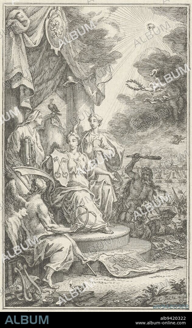 A seated woman holds the coat of arms of the city of Leiden and is illuminated by rays from the All Seeing Eye She is surrounded by personifications of Liberty and Religion On the left before the throne, Father Time sits with the symbol of eternity in his hands, snakes biting their own tails On the right, in the background, chained figures with a club are being exorcised, Throning woman with the coat of arms of Leiden, print maker: Simon Fokke, (mentioned on object), Simon Fokke, (mentioned on object), Amsterdam, 1722 - 1784, paper, etching, h 136 mm × w 85 mm.