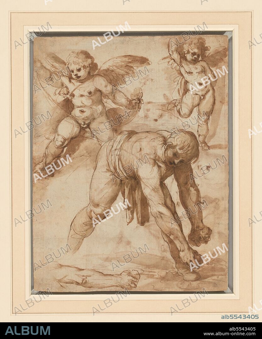 CESARE ROSSETTI. Studies of a Figure Bending Over, Two Putti, and an Arm (recto); Rest on the Flight into Egypt (verso), 1596/97.