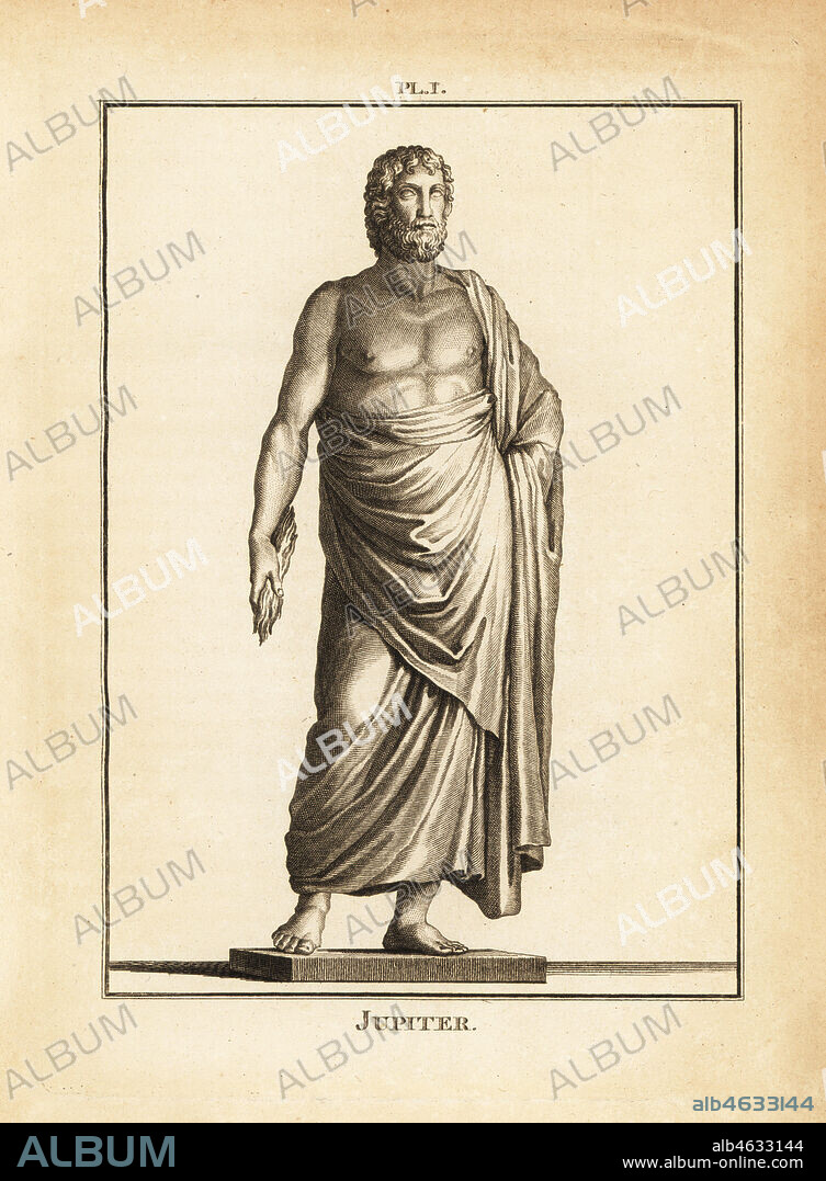 Statue of the Roman god Jupiter. Copperplate engraving by Francois-Anne David from Museum de Florence, ou Collection des Pierres Gravees, Statues, Medailles, Chez F.A. David, Paris, 1787. David (1741-1824) drew and engraved the illustrations based on Roman statues, engraved stones and medals in the collection of the Museum de Florence and the cabinet of curiosities of the Grand Duke of Tuscany.