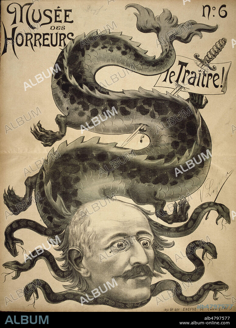 Caricature antisemite en 1899: 'Le traite' : Alfred Dreyfus avec un corps de dragon par Lenepveu pour la serie d'affiches: Le musee des horreurs. Credit : Collection KHARBINE-TAPABOR.