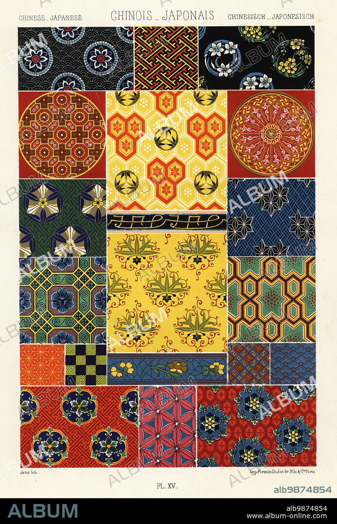 Chinese and Japanese art: Running ornamentation. Chinois et Japonais. Hand-finished chromolithograph by Jetot from Albert-Charles-Auguste Racinets LOrnement Polychrome, (Polychromatic Ornament), Firmin-Didot, Paris, 1869-73.