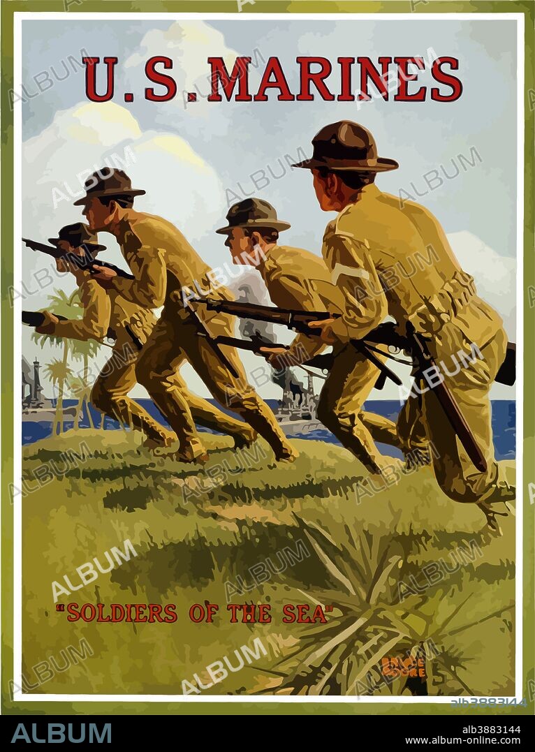 Digitally restored war propaganda poster. This vintage World War One poster features US Marines charging into battle with their rifles. It declares - US Marines, Soldiers Of The Sea.