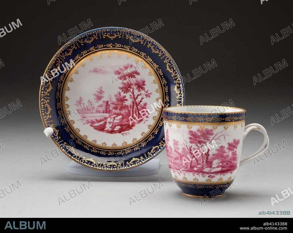 ITALY) MANIFATTURA GINORI (SESTO FIORENTINO. Cup and Saucer. Doccia Porcelain Factory; Italian, founded 1737. Date: 1770-1780. Dimensions: Cup: 6.6 × 6.8 cm (2 2/3 × 2 11/16 in.); Saucer diam. 13.3 cm (5 1/4 in.). Tin-glazed hard-paste porcelain with underglaze blue, pink enamel and gilding. Origin: Doccia.