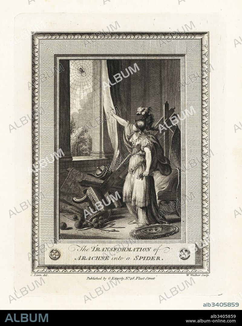 Transformation of Arachne into a spider. Copperplate engraving by W. Walker after an illustration by Charles Eisen from The Copper Plate Magazine or Monthly Treasure, G. Kearsley, London, 1778.
