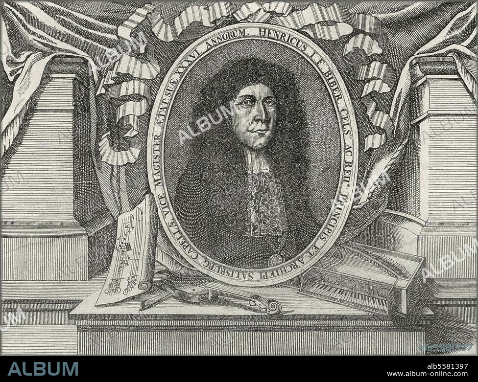Biber (von Bibern), Heinrich Ignaz Franz; Violinist und Komponist; Wartenberg (Böhmen) 12.8.1644 - Salzburg 3.5.1704. Porträt. Kupferstich aus dem Notendruck: Sonatae für Violine und Basso continuo, Nürnberg. 1681.
