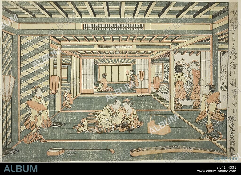 Perspective Picture of a Large Room (Senjojiki uki-e no zu). Attributed to Ishikawa Toyonobu; Japanese, 1711-1785. Date: 1765. Dimensions: 11 1/2 x 16 3/4 in. Color woodblock print; oban yoko-e, benizuri-e. Origin: Japan.