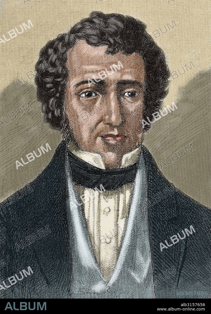 Juan Alvarez Mendizábal (1790-1853). Político liberal y hombre de negocios español. Personaje importante de la Revolución liberal española. En 1835 fue ministro de Hacienda, desde donde impulsó la desamortización de los bienes eclesiásticos. Retrato. Grabado por J. Serra Pausas. Historia de España, 1882. Coloreado.