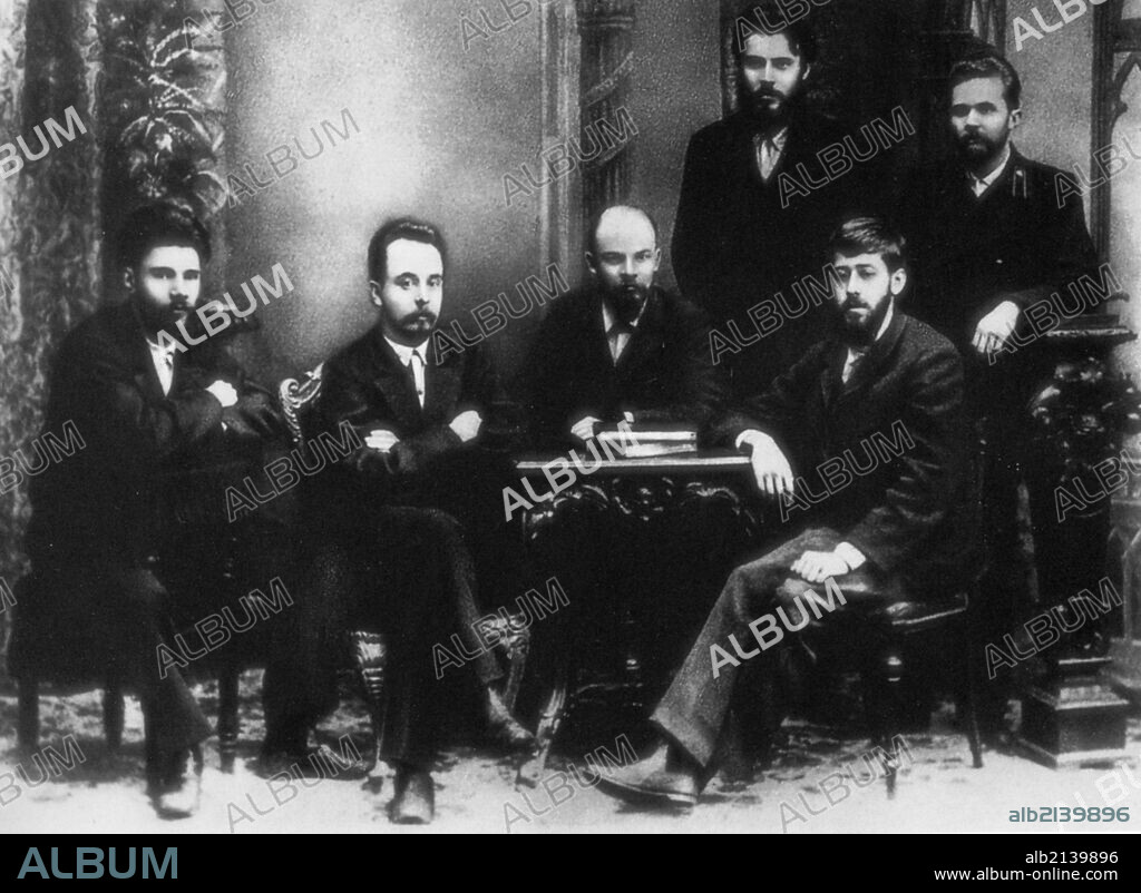 Vladimir ilyich ulyanov (lenin) with fellow members of the st, petersburg 'league of struggle for the emancipation of the working class', st, petersburg, 1897, (left to right) standing-p, k, zaporozhets, a, a, vaneye; seated-v, v, starkov, g, m, krzhizhanovsky, v, i, ulyanov, y, o, martov-tsederbaum, they styled themselves as 'old marxists', had years of revolutionary experience, and some of them had been in prison, a, l, malchenko, who was standing behind lenin and krzhizhanovsky, has been edited out of this version of the photo.