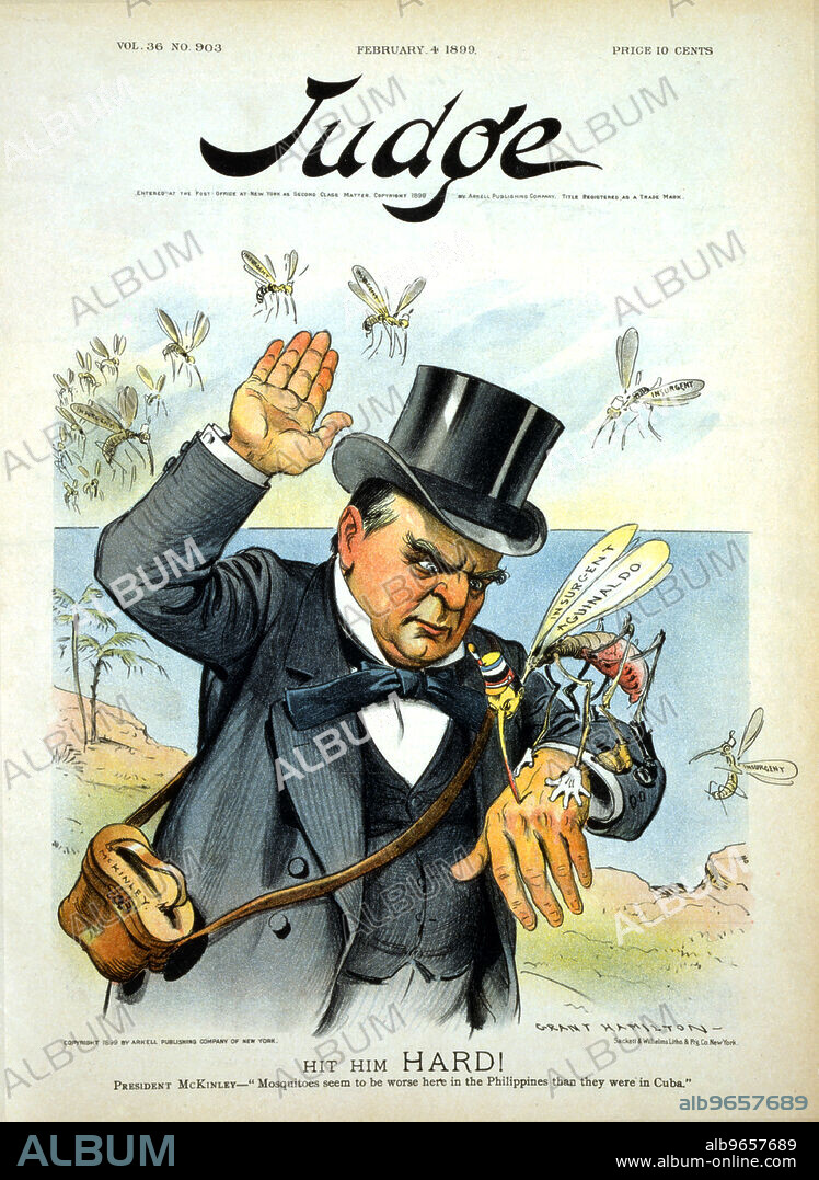 "Hit Him Hard!", U.S. President William McKinley about to swat "insurgent Aguinaldo," a Mosquito, as other "Insurgent" Mosquitoes prepare to attack him, Political Cartoon, Artwork by Grant Hamilton, Judge Magazine, February 4, 1899.