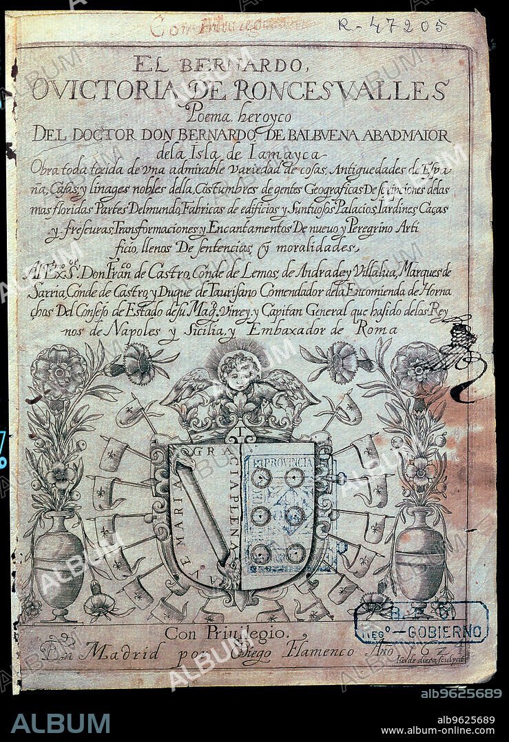 Cover of the 'Victoria de Roncesvalles' by Bernardo de Balbuena, first edition, printed by Diego Flamenco in Madrid in 1624.