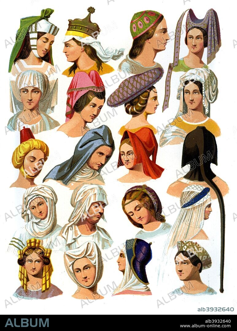 Women's hats of different classes of society, 13th-16th century (1849). A 19th century version based on original 13th-16th century manuscript illustrations. From Le Moyen Age et la Renaissance, by Paul Lacroix, Ferdinand Séré and A Rivaud, Volume III (Paris, 1849).