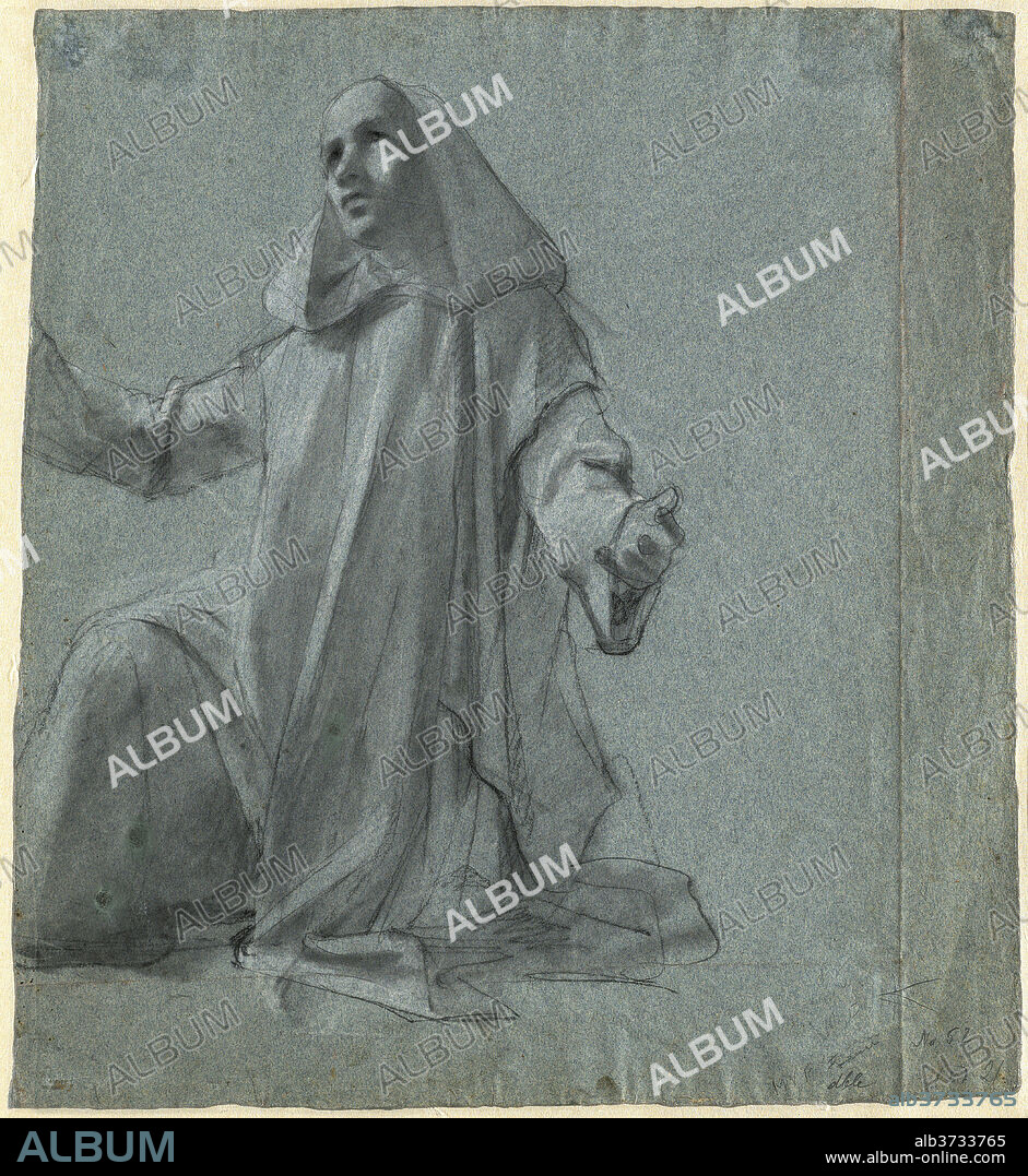 FRENCH 19TH CENTURY. A Young Priest Kneeling. Dimensions: sheet: 43.5 x 40 cm (17 1/8 x 15 3/4 in.). Medium: black chalk heightened with white chalk on blue-gray wove paper.