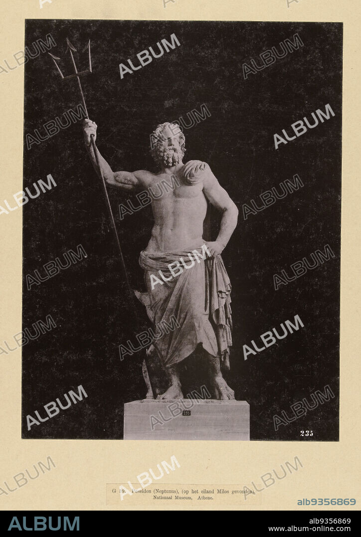 Statue of Poseidon, G 39. Poseidon (Neptune), (found on the island of Milos). National Museum Athens. (title on object), Greece (series title), A statue of Poseidon, god of the sea. The photograph is part of the series of photographs of Greece collected by Richard Polak., anonymous, Athene, Netherlands, c. 1895 - c. 1915, photographic support, paper, collotype, height 221 mm × width 293 mmheight 461 mm × width 550 mm.