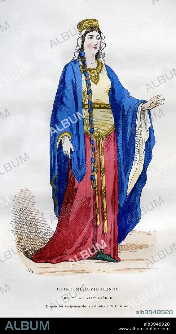 Merovingian queen, 5th-8th century (1882-1884). The Merovingian dynasty ruled the Franks from the mid 5th century until 751, when the last Merovingian king, Childeric III, was deposed by Pepin the Short, who founded the Carolingian dynasty. After a sculpture in Chartres Cathedral. A print from La France et les Français à Travers les Siècles, Volume I, F Roy editor, Saint-Antoine, 1882-1884.
