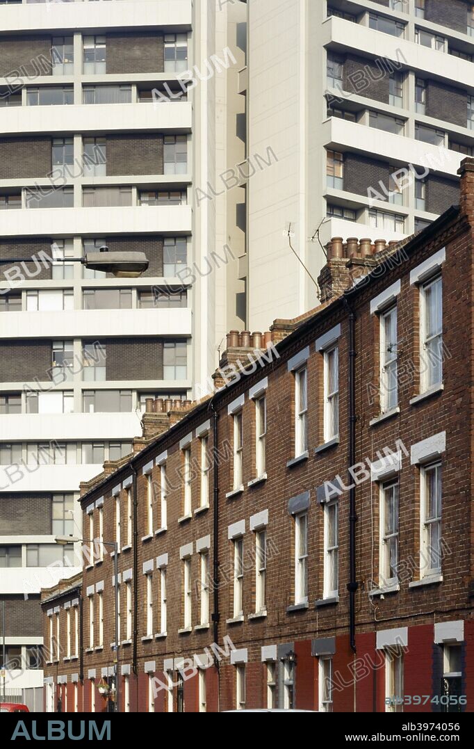 Keeling House, Claredale Street, Bethnal Green, Tower Hamlets, London, c2000s(?). An exterior detail of the highrise tower block from the south looking along Canrobert Street. It was designed by Denys Lasdun and completed in 1957 to offer council housing.