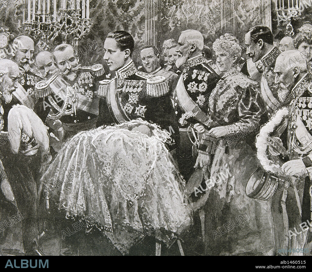 ALFONSO XIII (1886-1941). Rey de España (1886-1931). "ALFONSO XIII ANUNCIA EL NACIMIENTO DEL PRINCIPE HEREDERO, ALFONSO DE BORBON Y BATTENBERG (AÑO 1907) ". S. XX. Revista 'L'Illustration'.