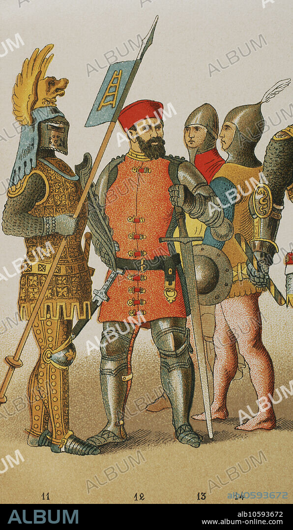Historia de Italia. 1300. De izquierda a derecha, 11-12-13: guerreros, 14: soldado. Cromolitografía. "Historia Universal", por César Cantú. Tomo VI, 1885.
