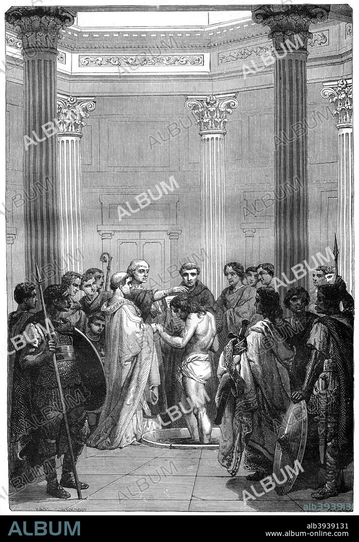 The Baptism of Clovis, 496 (1882-1884). Clovis I (c466-511) converted to Christianity and was baptized at Rheims in 496 AD. He was the first Christian King of the Franks and the first to unite the Frankish tribes into one kingdom. A print from La France et les Français à Travers les Siècles, Volume I, F Roy editor, Saint-Antoine, 1882-1884.