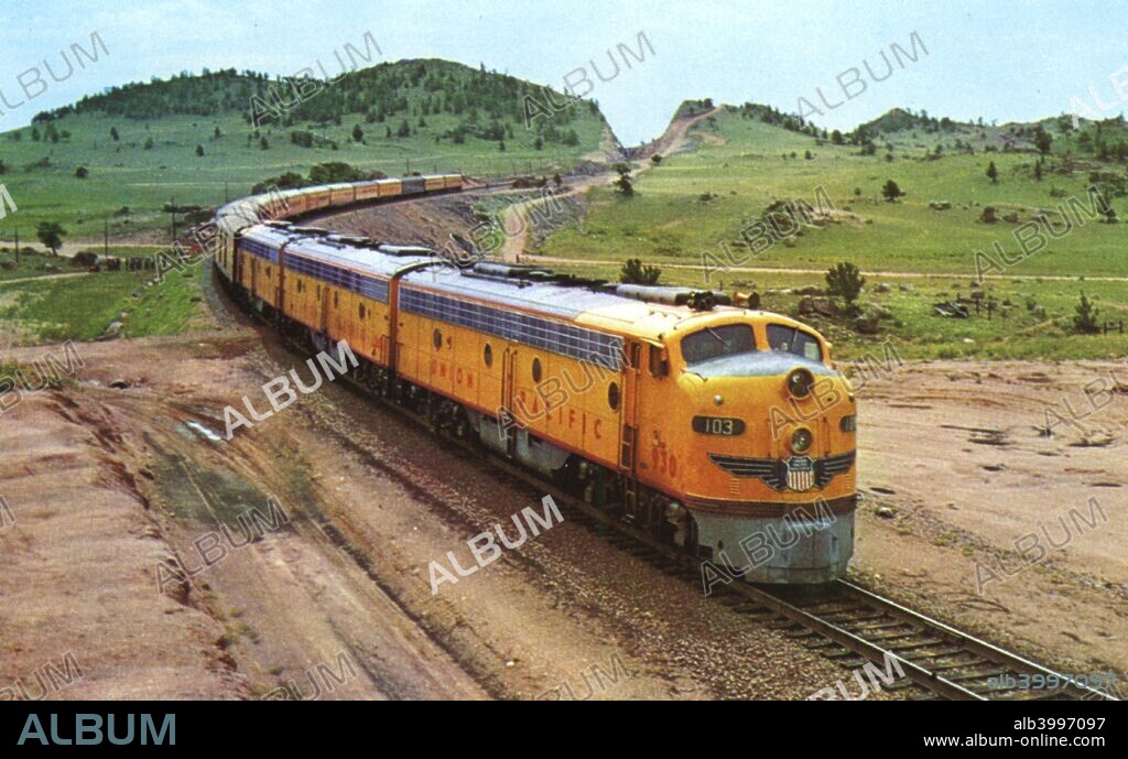 The Union Pacific train 'City of Los Angeles', 1956. Vintage postcard. The 'City of Los Angeles' operated between Chicago and Los Angeles from 1937 onwards. It was Union Pacific's flagship service, and was a direct competitor with the Atchison, Topeka and Santa Fe Railway's 'Super Chief'. Hollywood actor Ronald Reagan was a frequent traveller on the 'City of Los Angeles', and appeared in an advertisement for the train in the National Geographic magazine.