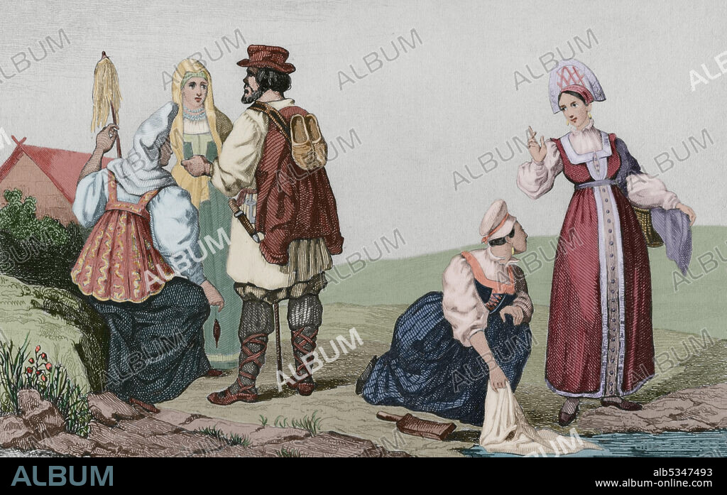 AUGUSTIN FRANçOIS LEMAITRE (1797-1870). FRENCH ENGRAVER AND LITHOGRAPHER. EMILE LOUIS VERNIER (1829-1887). FRENCH PAINTER AND LI. Russian peasants. Engraving by Lemaitre, Vernier and Monnin. History of Russia by Jean Marie Chopin (1796-1870). Panorama Universal, Spanish edition, 1839. Later colouration.