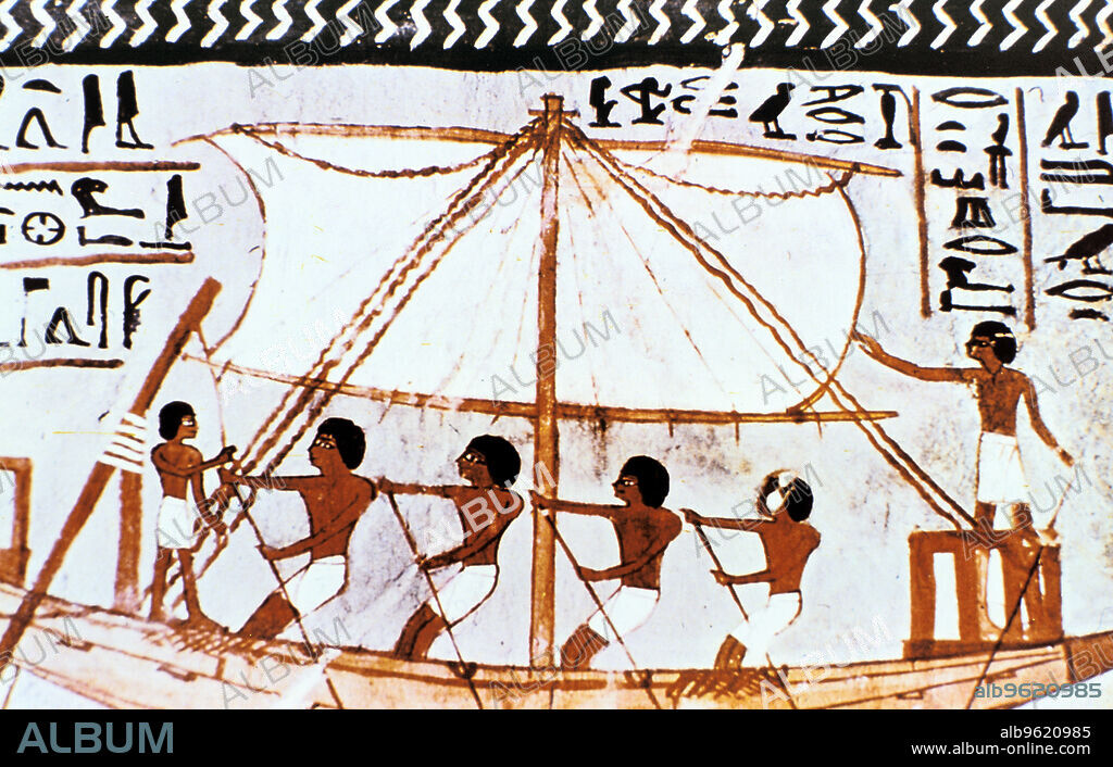 Wall painting from tomb of Sennefer, Abydos, Ancient Egypt, 18th Dynasty, c1450 BC. Detail showing a boat on the Nile with a square-rigged sail and oarsmen. Sennefer was a prominent official during the reign of Thutmose III (1479-1425 BC) and features on a number of monuments of Thutmose's reign.