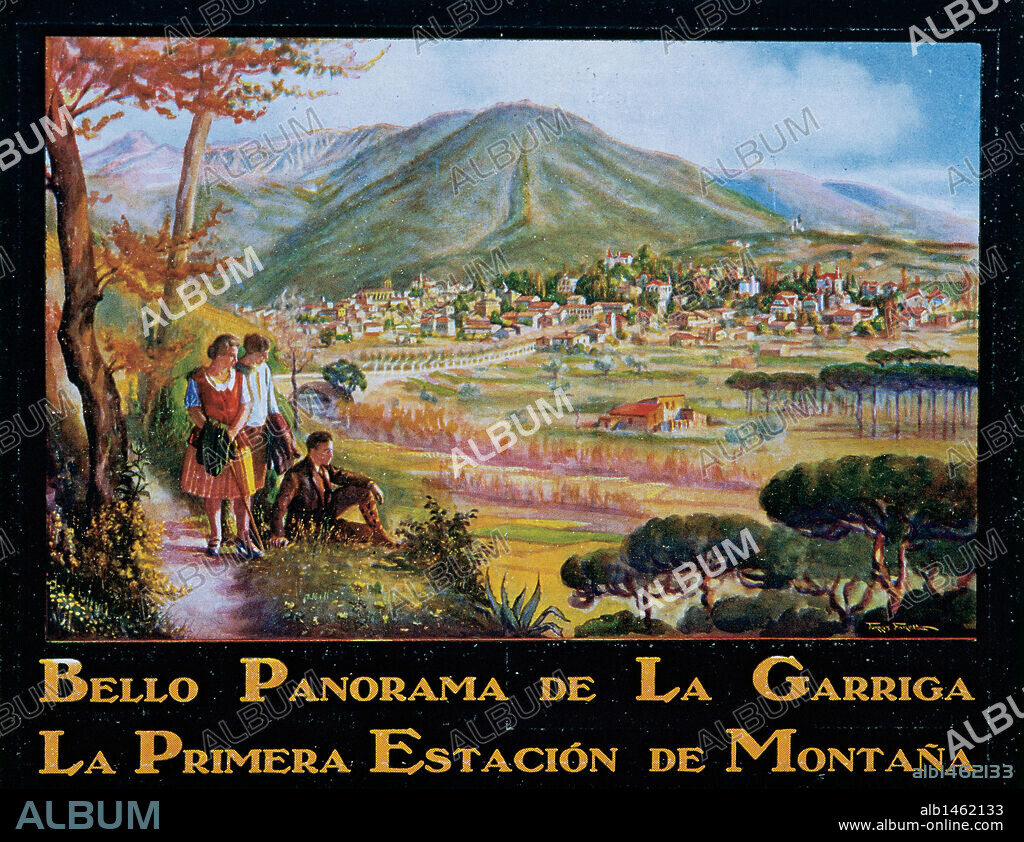 BALNEARIO DE LA GARRIGA. "BELLO PANORAMA DE LA GARRIGA. LA PRIMERA ESTACION DE MONTAÑA". Cartel de propaganda. La Garriga. Comarca del Vallès Oriental. Provincia de Barcelona. Cataluña.