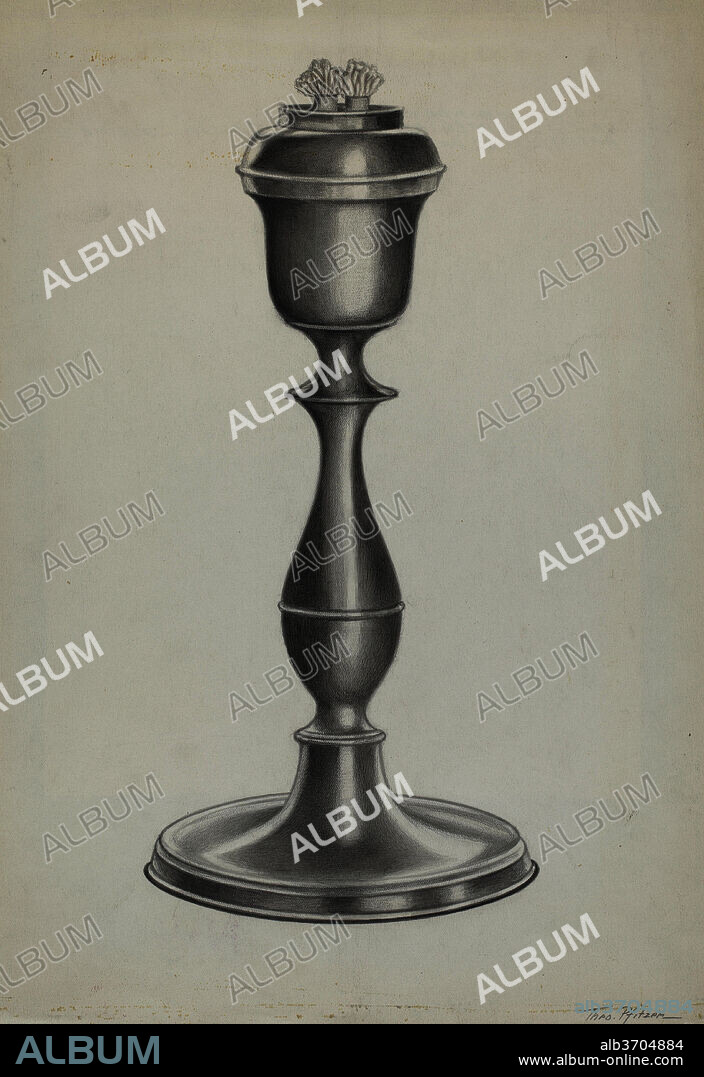 THEODORE PFITZER. Pewter Lard Oil Lamp. Dated: c. 1937. Dimensions: overall: 35.5 x 24.6 cm (14 x 9 11/16 in.)  Original IAD Object: 10 7/8" high; 5 1/4" in diameter. Medium: graphite on paper.