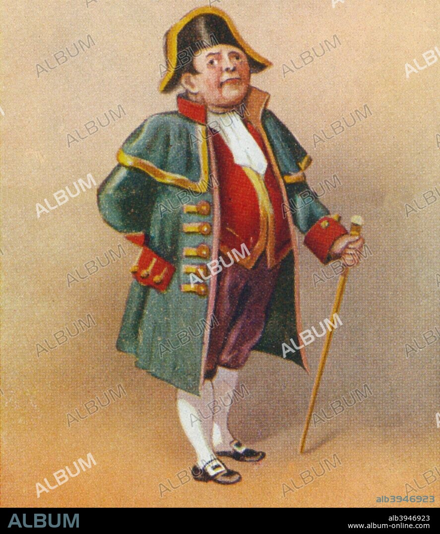 Bumble the Beadle, 1939. Mr Bumble is a character from the novel Oliver Twist by Charles Dickens  (1812-1870). From the 'Dickens Character Series' produced by Cope's Cigarettes, 1939.