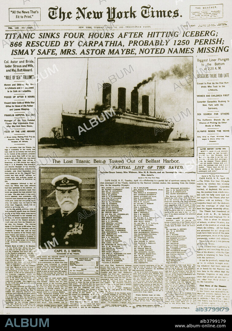 New York Times article from April 16th, 1912 telling of the sinking of the Titanic. RMS Titanic, the largest ocean liner ever built at the time, was reputed to be unsinkable. However, during its maiden voyage it struck an iceberg in the North Atlantic on the night of 14 April 1912 and sank with the loss of 1517 lives.