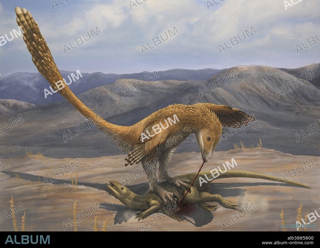 A Deinonychus feeds on the carcass of Zephyrosaurus, a small Cretaceous ornithopod.