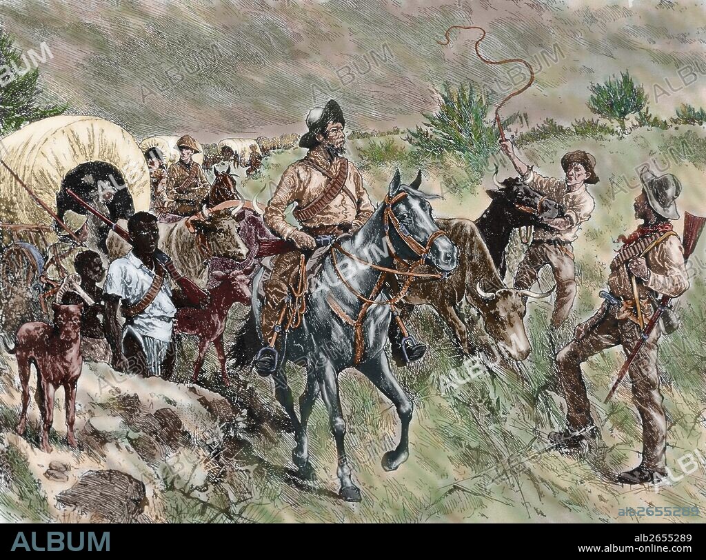 GUERRA ANGLO-BOER (1899-1902). La negativa del presidente Kruger deTransvaal (Africa del Sur), a otorgar derechos a los mineros extranjeros, motivó el envío de tropas inglesas, y los BOERS (Orange y Transvaal, de origen holandés) declararon la guerra a Inglaterra. "UN CONVOY DE BOERS". Grabado coloreado del siglo XIX.