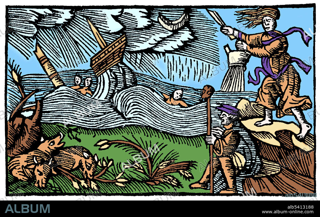 From Historia de Gentibus Septentrionalibus, Book 3, Chapter 15, On Women Skilled in Magic. The witch to the right develops a terrible storm by emptying her pot with magic potion into the sea. A ship is wrecked in the storm. A man is holding her magic pole with a horse head on top. The moon is darkened by her magic force. Olaus Magnus (October 1490 - August 1, 1557) was a Swedish writer and Catholic ecclesiastic. He is best remembered as the author of the famous Historia de Gentibus Septentrionalibus (A Description of the Northern Peoples), printed in Rome 1555, a patriotic work of folklore and history. This image has been coloured.