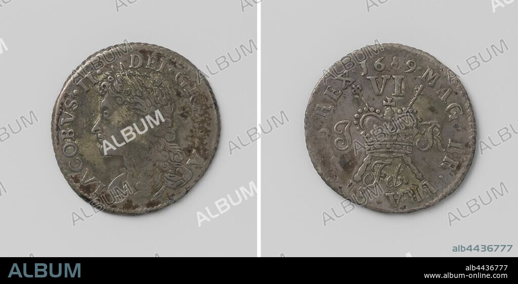 Six pennies, James II, king of England, emergency coin from February 1689, Obverse: bust of man with laurel wreath inside an inscription. Reverse: crown, through which two crossed scepters protrude between the monogram of letters J and R, above crown Roman numeral XXX, below crown inscription 'Feb.' within a circle, Ireland, James II (King of England and Scotland), anonymous, Ierland, Feb-1689, silver (metal), striking (metalworking), d 2.2 cm × w 3.59 gr.