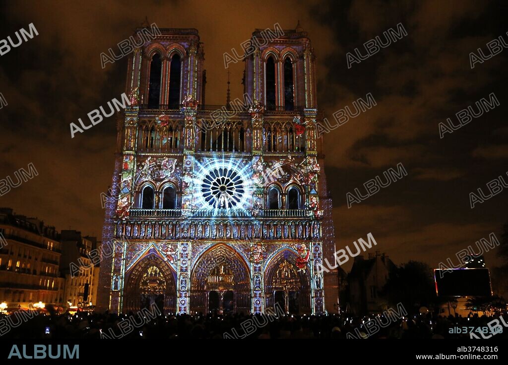 Sound and Light show at Notre Dame de Paris Cathedral, UNESCO World Heritage Site, Paris, France, Europe.