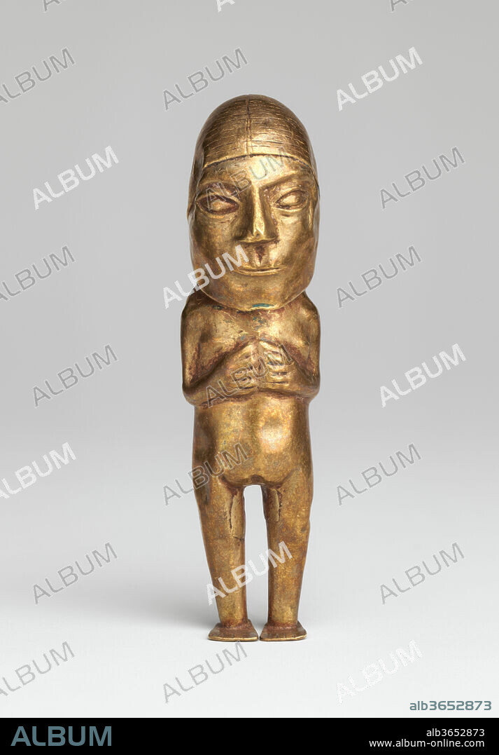 Female figurine. Culture: Inca. Dimensions: H. 2 3/8 x W. 5/8 x D. 7/8 in. (6 x 1.6 x 2.2 cm). Date: 1400-1533.
This female figurine is made of hammered metal sheet and is analogous to other Inca miniature figurines often ritually deposited and considered sacred entities, or <i>huacas</i>, a Quechua and Aymara term. This figurine shows a woman standing with arms and hands pulled toward the chest. Her eyes are almond-shaped and her mouth is closed. As with other figurines in this corpus, the head appears larger than the expected proportion relative to the rest of the body. Of the three height groups (5-7 cm, 13-15 cm, 22-24 cm) evident among this corpus of Inca human figurines in metal, this figurine is in the smallest height group. 
This figurine is similar in morphology and fabrication as ones often associated with assemblages from sites of <i>capac hucha</i>, or 'royal obligation,' described (Cieza de León 1959, 190-193; Diez de Betanzos 1996, 132) as an Inca state-sanctioned performance. In this practice, offerings were made in Cusco or in the hinterlands to mark the expansion of the empire and the service of the provincial peoples to the Inca royalty, in the process demonstrating reverence to certain sacred points in the natural landscape, including <i>apus</i>, or mountain deities, through the deposition of offerings. This pursuit of territorial control was undertaken through other tactics as well, such as the resettlement of conquered peoples and the mandate that peoples in Inca hinterlands bring <i>huacas</i> to Cusco and care for them there, in the imperial capital (Cobo 1979, 191). 
As shown in X-radiography (see image 4), this figurine was fashioned from five separate pieces of sheet: its hair; its head, torso, and legs forming a single piece; the two feet; and a gusset of metal that forms the crotch. The technical design and the arrangement of parts is common to many Inca female figurines. 
The relief areas of the figure--the breasts, hands and arms, and features of the face--were all created by initially hammering the metal from behind, what are now the interior surfaces, while the metal was placed onto a soft resilient surface. Additional details were accomplished from the front side using chasing tools, especially on the face, while engraving tools were used to delineate the fingers, toes, and hair plaits (see images 5 and 6). A combination of tracing and engraving was used for detailing the remainder of the hair (see image 7). The two tresses of hair are tied on the lower back, as seen on comparable Inca figurines, and the bar-like feature at their end may represent a tassel or ribbon akin to those used by women on the Peruvian altiplano today to fasten their hair (Valencia 1981, 57). 
Similar to other figurines, there is a hammered depression extending down the back of the hair whose purpose is unknown. Its hammering may have helped facilitate the attachment of the hair piece to the head/torso/legs piece. The hair texture lines appear to have been made after the depression was rendered considering that they are sometimes visible in this depression and show no deformation. As with other female anthropomorphic figurines (e.g., 1995.481.5), there is a vertical line running along the center of the hair piece from the edge near the forehead (see image 6) toward the top of the hammered depression on the reverse. Could this central line have been made early in the construction of the figurine, as a way of planning the head/torso/legs component, indicating the halfway point of the sheet used to form it? 
The single piece of metal used to form the head, torso, and legs was formed by hammering together a cylindrical form, with two cylindrical legs, which was closed through seams along the inner surface of each leg and up the center back and neck. A saddle shaped gusset was applied at the opening at the crotch (see image 8). Solder is visible in most of the joined areas by X-radiography. However, it is not clear if other methods of joining such as pressure welding were also used. The section of dome-shaped hair was raised from a flat piece of sheet and attached to the opening at the back top of the head also using solder. 
At the site of Corral Redondo in the Churunga Valley in Peru, a range of metal and <i>Spondylus</i> figurines--anthropomorphic and camelid--were recovered accompanied by coca bags, or <i>chuspas</i>, covered in feathers, and other garments, including an <i>uncu</i>, or men's tunic, an <i>illiclla</i>, or women's shoulder cloth, and a red feather headdress usually associated with male figurines (King 2016). The metal figurine depicting a woman shows similar features to 1979.206.1058, including the central line on the hair piece, but appears to have a silvery surface and thicker feet pieces. Investigators believe that these materials from Corral Redondo were associated with the burial of several individuals--male and female--as part of a <i>capac hucha</i> deposition at the site, but the human remains were apparently destroyed after excavation and the miniature garments appear to have become associated with figurines different from those with which they were originally deposited or recovered, signs of the sheer disruptiveness brought to this sacred context. Tripartite divisions are notable in the social organization within the Inca empire: Collana (Inca), Cayao (non-Inca), and Payan (pre-Inca). As noted above, they are also recognized among the sizes of the human figurines in metal. A tripartite division may be seen in the metals used in the Inca empire and deployed in these figurines--copper, silver, and gold (Lechtman 2007, McEwan 2015). However, this division does not capture the fact that some of the figurines are alloys, such as gold-copper, while copper-tin alloys were a key feature of Inca metallurgy as well.
Technical notes: Optical microscopy, X-radiography, and XRF conducted in 2017.
Bryan Cockrell, Curatorial Fellow, AAOA 
Beth Edelstein, Associate Conservator, OCD 
Ellen Howe, Conservator Emerita, OCD 
2017.