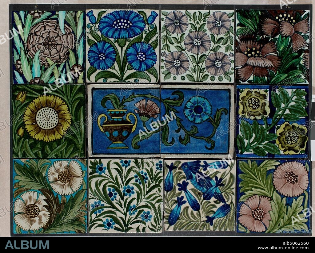 Wall Tiles by William De Morgan, 1882-1907 Collection of earthenware ceramic tiles designed by William De Morgan, Applied Arts, Arts and Crafts, Pottery, Flower, Pattern, Tile, Animal, snake, Ceramics, Earthenware, Insect, Butterfly.