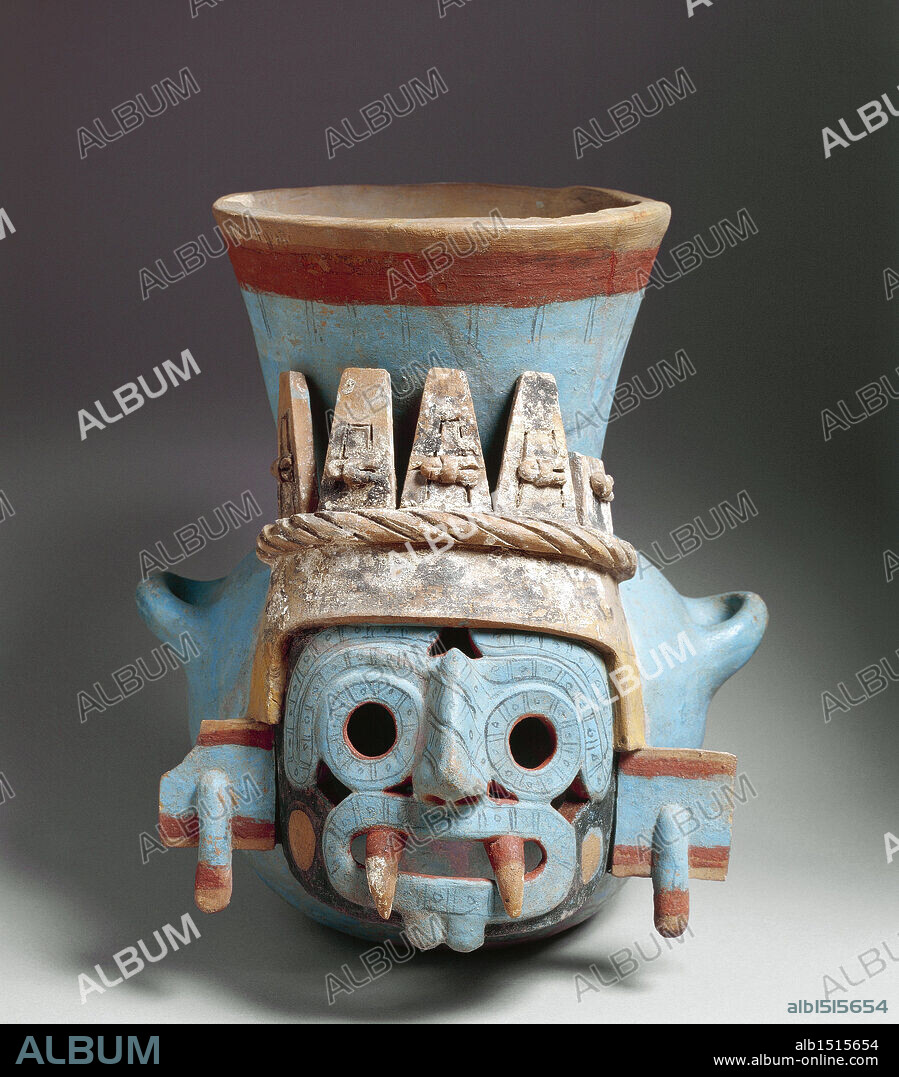 Aztec civilization, Mexico, 15th century. Polychrome ceramic vase depicting Tlaloc, god of rain. Height 35 cm. From the Templo Mayor (Main Temple) of Tenochtitlan.